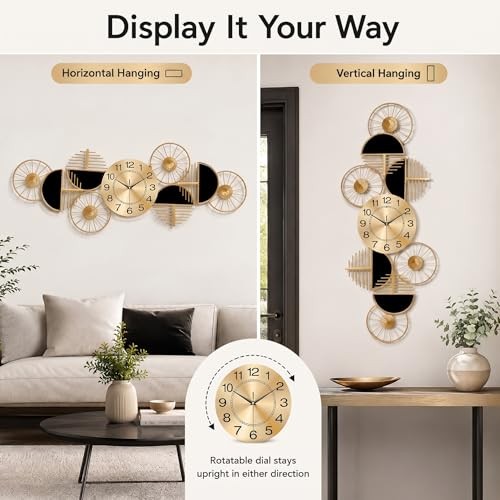 Large Wall Clock,Modern Silent Non-Ticking Metal Wall Art Wall Clocks Battery