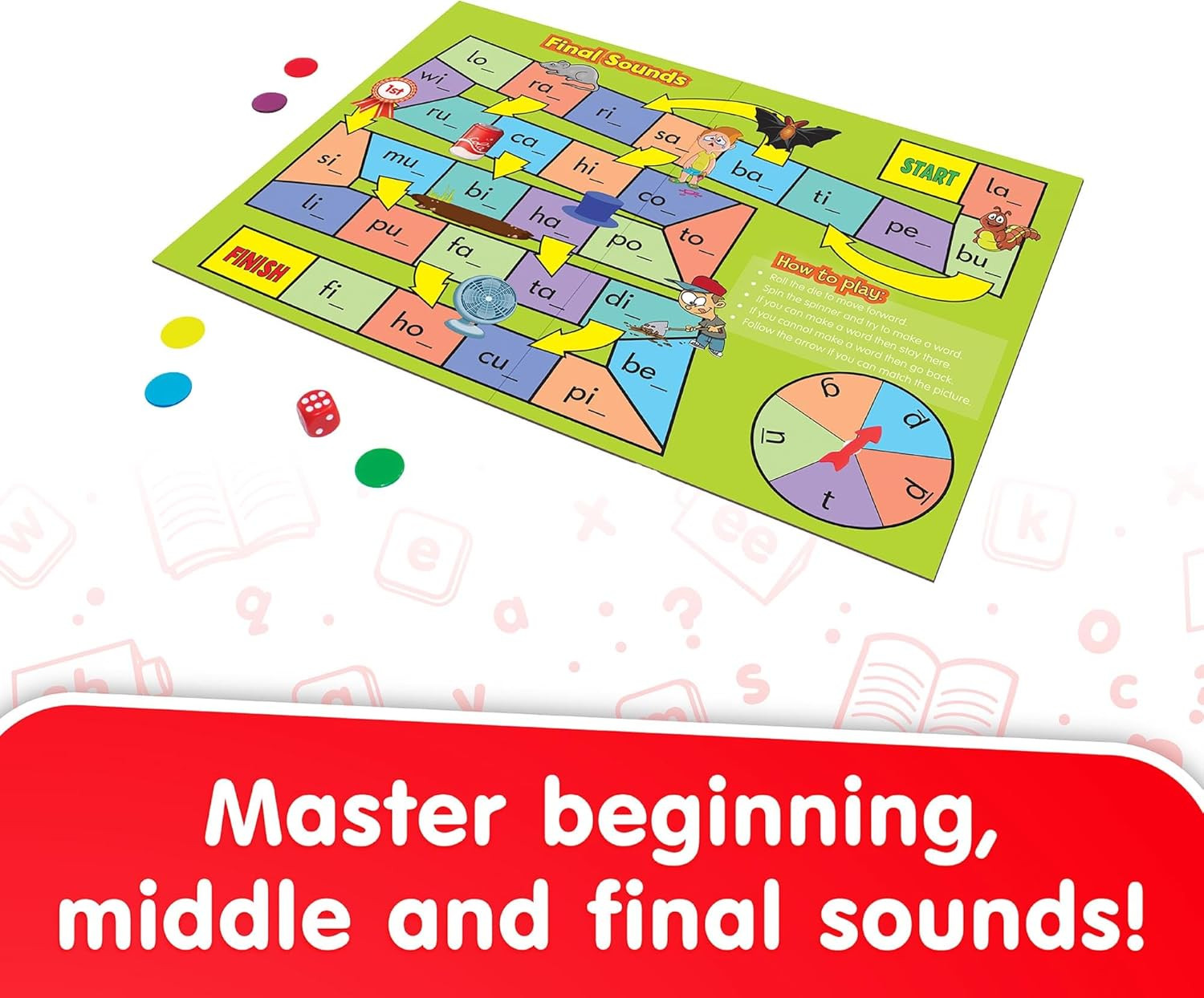 Phonics Board Games Set, 6 Counters, Ages 4-5, Language Skills, Pre K-K, Medium