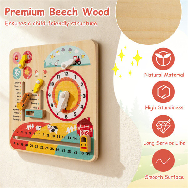 Wooden Kids Calendar & Clock Learning Board Montessori Educational Weather Toy