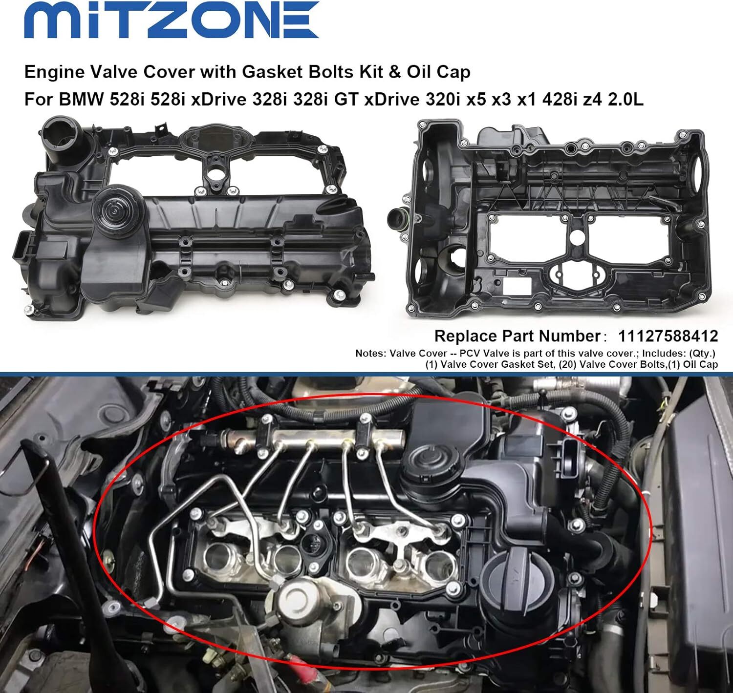 Normal MITZONE N20 Engine Valve Cover with Gasket Bolts Kit, Oil Cap for BMW