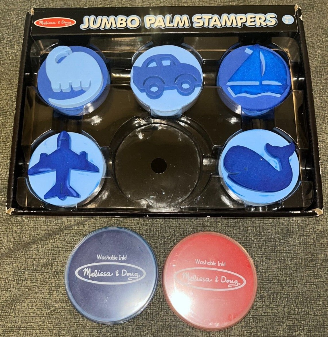 Melissa & Doug Jumbo Palm Stampers – Blue/Red Whale Car Plane Sailboat Dinosaur