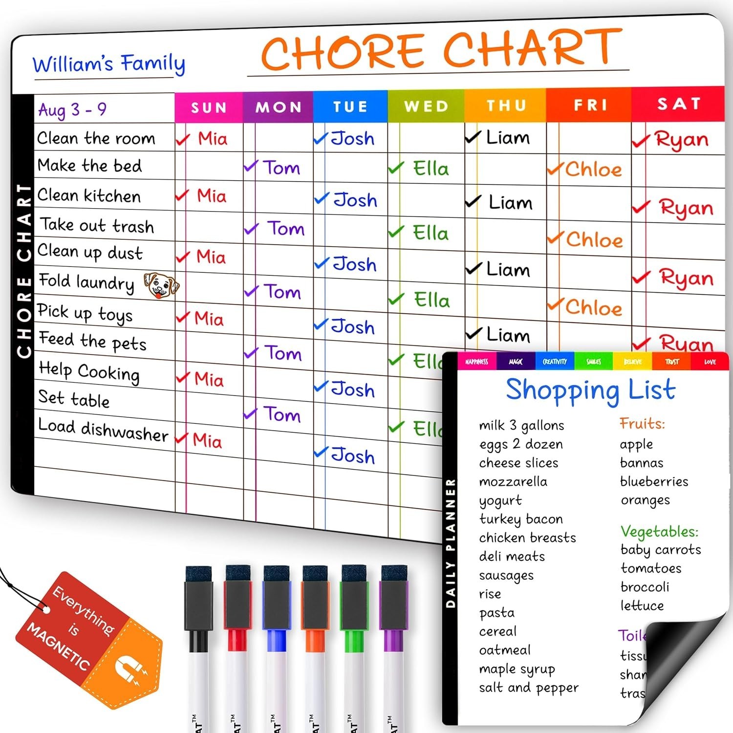 All-in-One Magnetic Chore & Meal Planner Charts – Multi-User Dry Erase Set