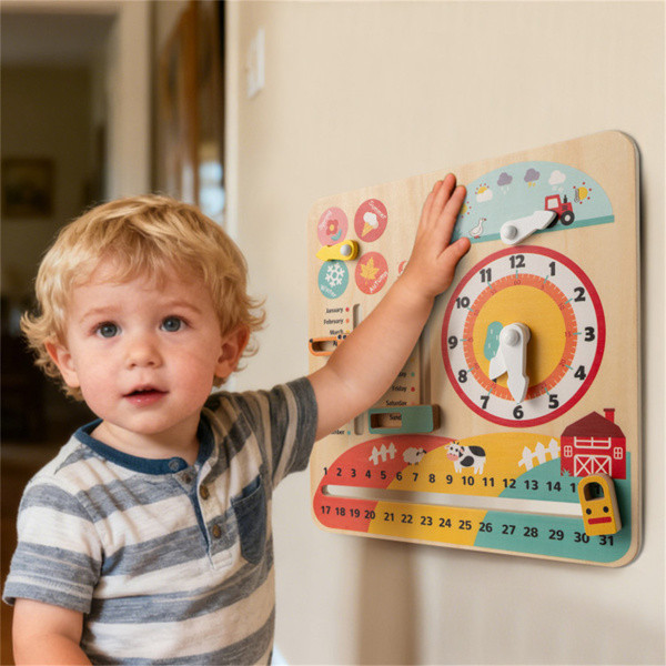 Wooden Kids Calendar & Clock Learning Board Montessori Educational Weather Toy