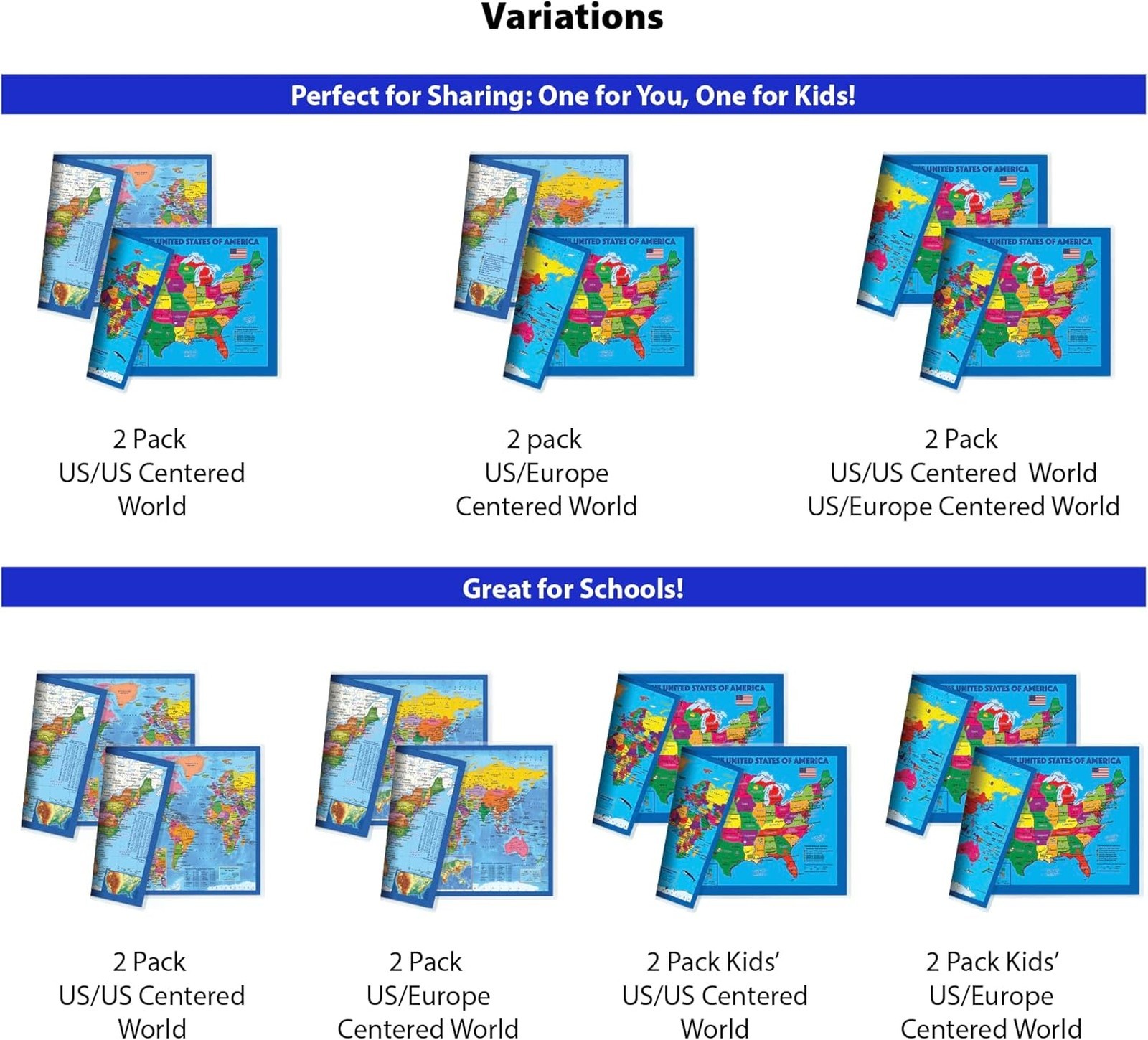 Children’s Desk Map 2-Sided Laminate US Europe World 17.5 x 11.5 Inches