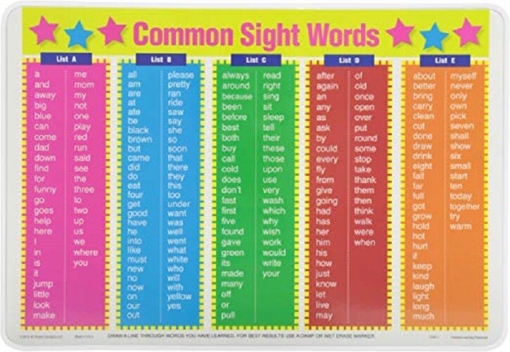 Painless Learning Placemat Common Sight Words Educational Elementary School
