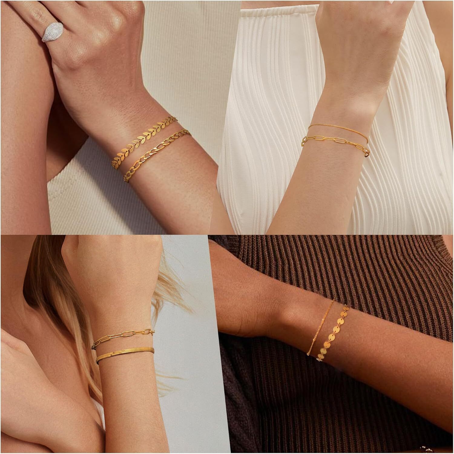 Gold Bracelets for Women – Dainty 18K Gold Plated Trendy Bead Rope Cuban Figaro