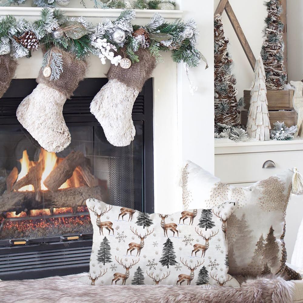 AACORS Winter Pillow Cover 12×20 Inch Reindeer Trees Snowflake Decoration