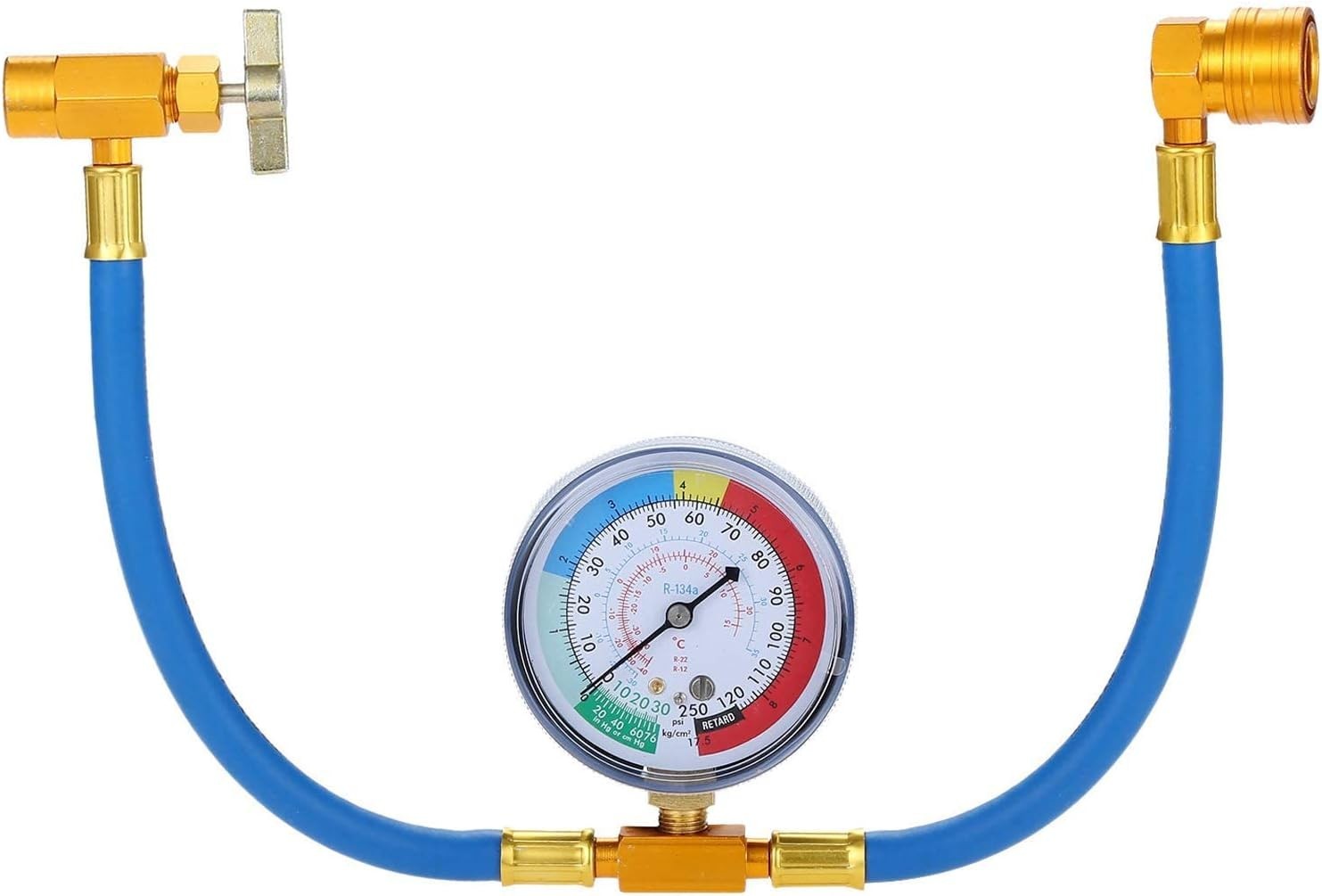 R134A AC Refrigerant Charge Hose Kit with Pressure Gauge 1/2″ Self-Sealing Valve