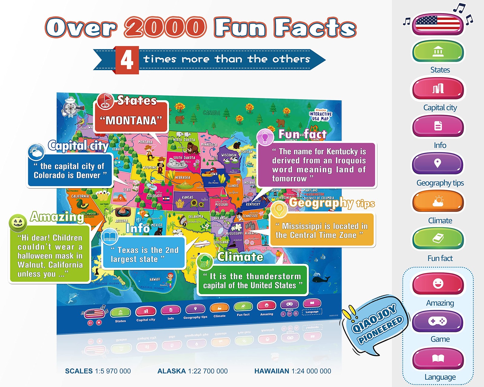 Qiaojoy V2 Interactive Kids Map Bilingual Poster (9″ x 10″ x 1″), Multicolor
