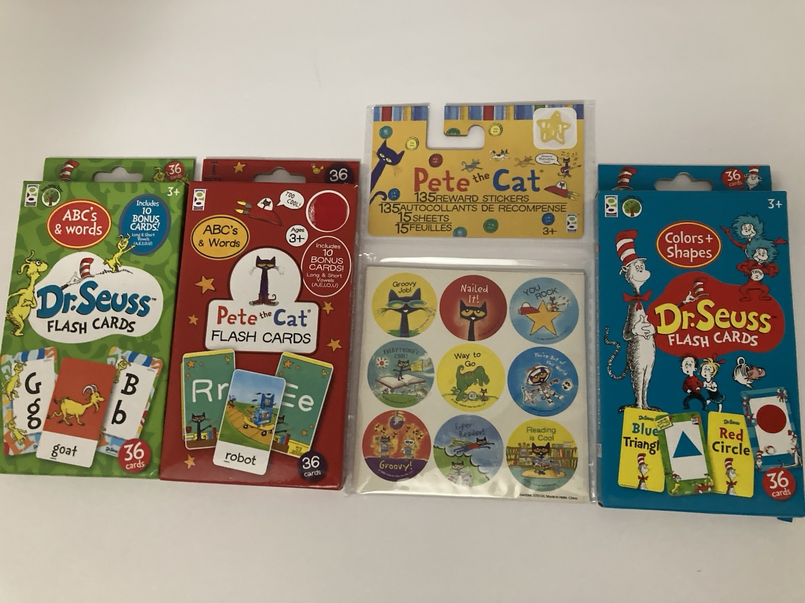 Set Of 4 PETE THE CAT + DR SEUSS Flash Cards – 3X 36 Cards & 135 Reward Stickers