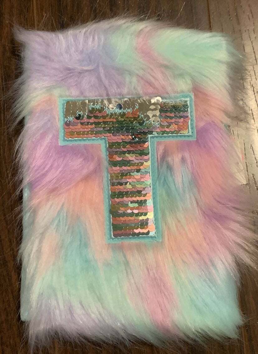 Justice Girl Faux Fur Fluffy Flip Sequins Diary Journal Writing Notebook Initial