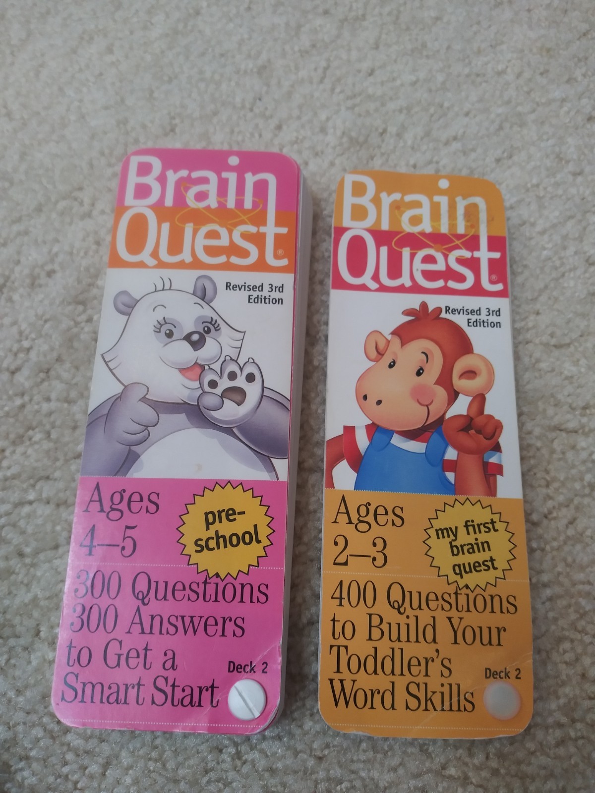 Brain Quest Cards Ages 2-3 and pre-school for ages 4-5. Total of 700 questions
