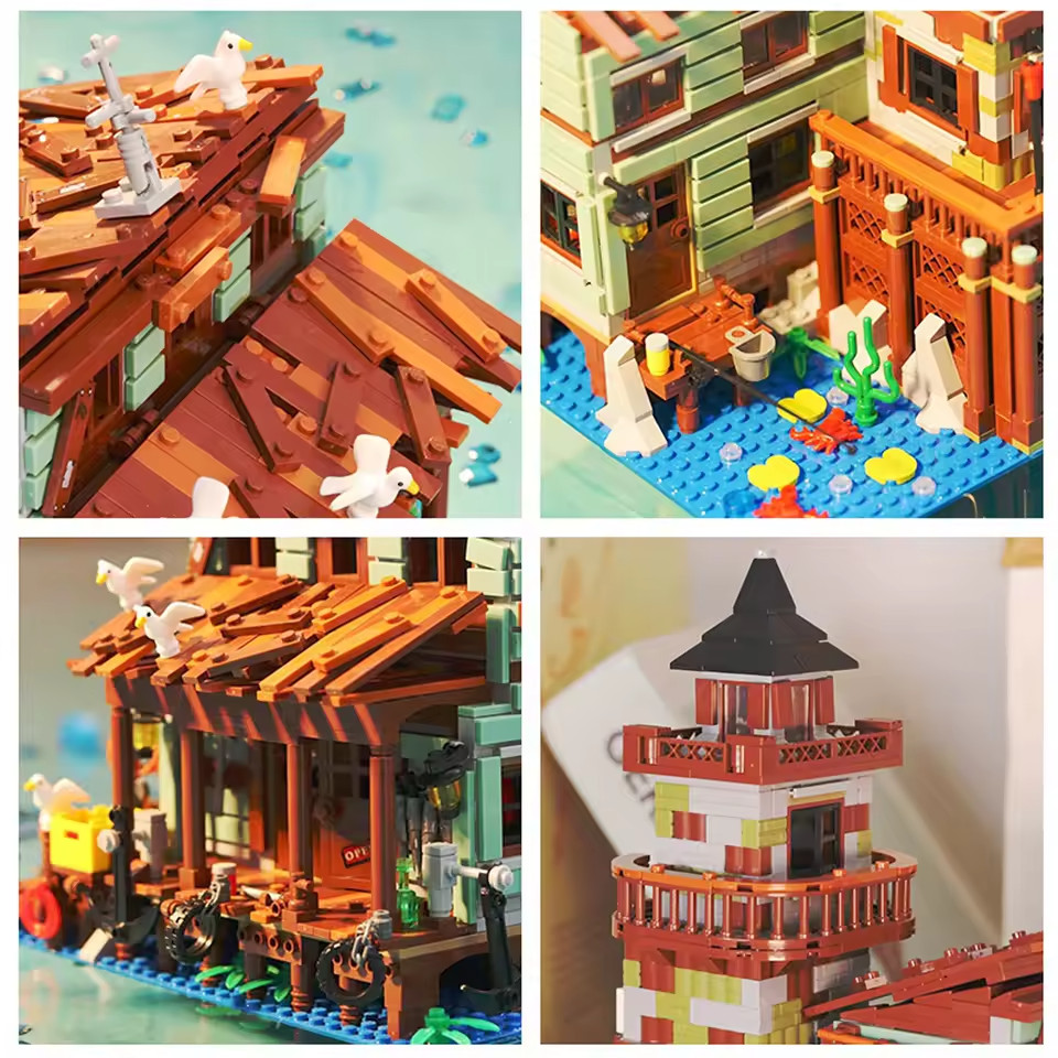 1881PCS Creative Fishing Village Cabin Building Blocks Seaport Wood House Assemb