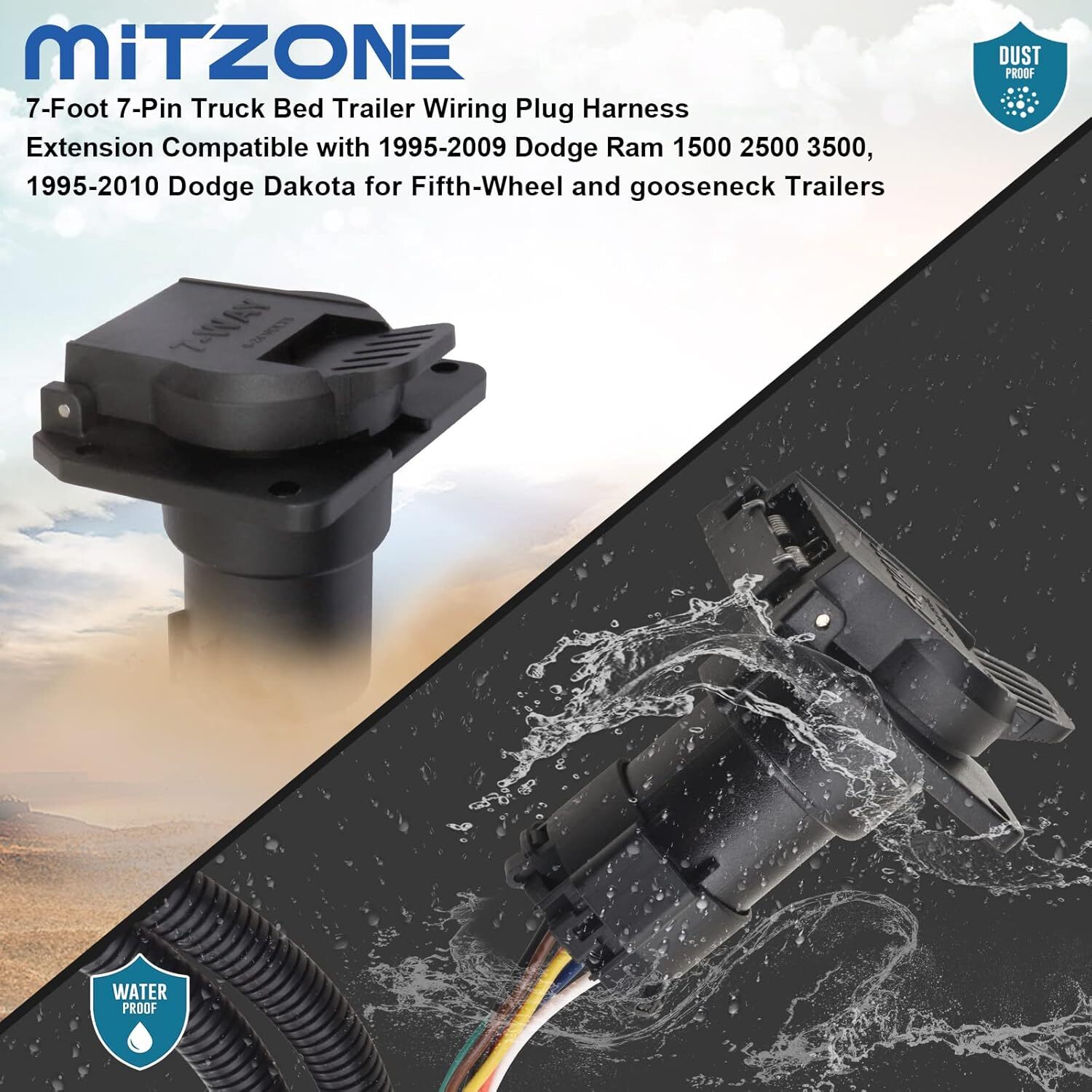 MITZONE 7-Foot 7-Pin Truck Bed Trailer Wiring Plug Harness Extension Compatible