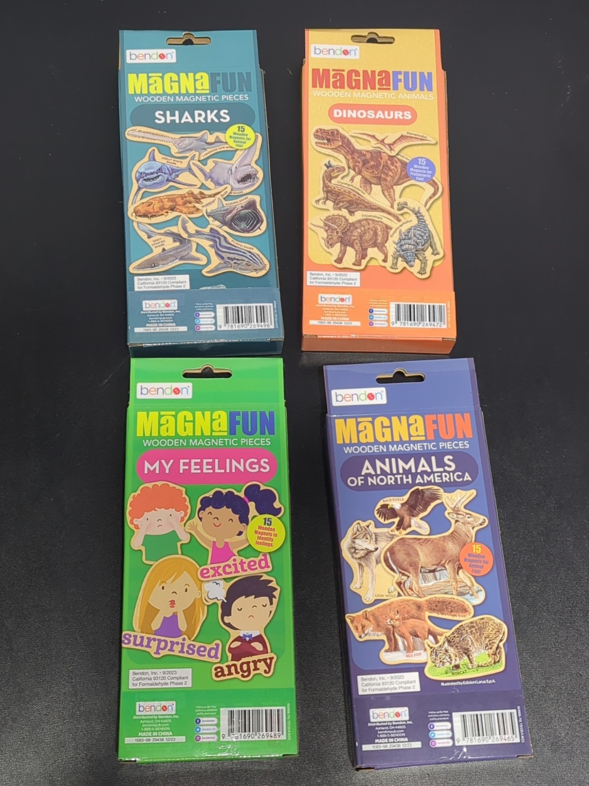 MagnaFun Wooden Magnetic Pieces Lot of 4 Bendon – Dinosaurs, Sharks, Animals