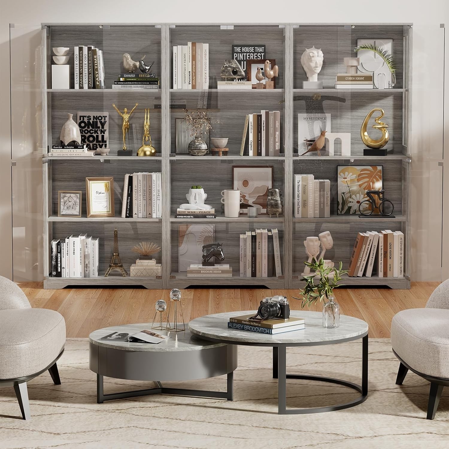 Display Cabinet with Glass Doors, 4-Tier Curio Cabinet with 3 Color Lights for