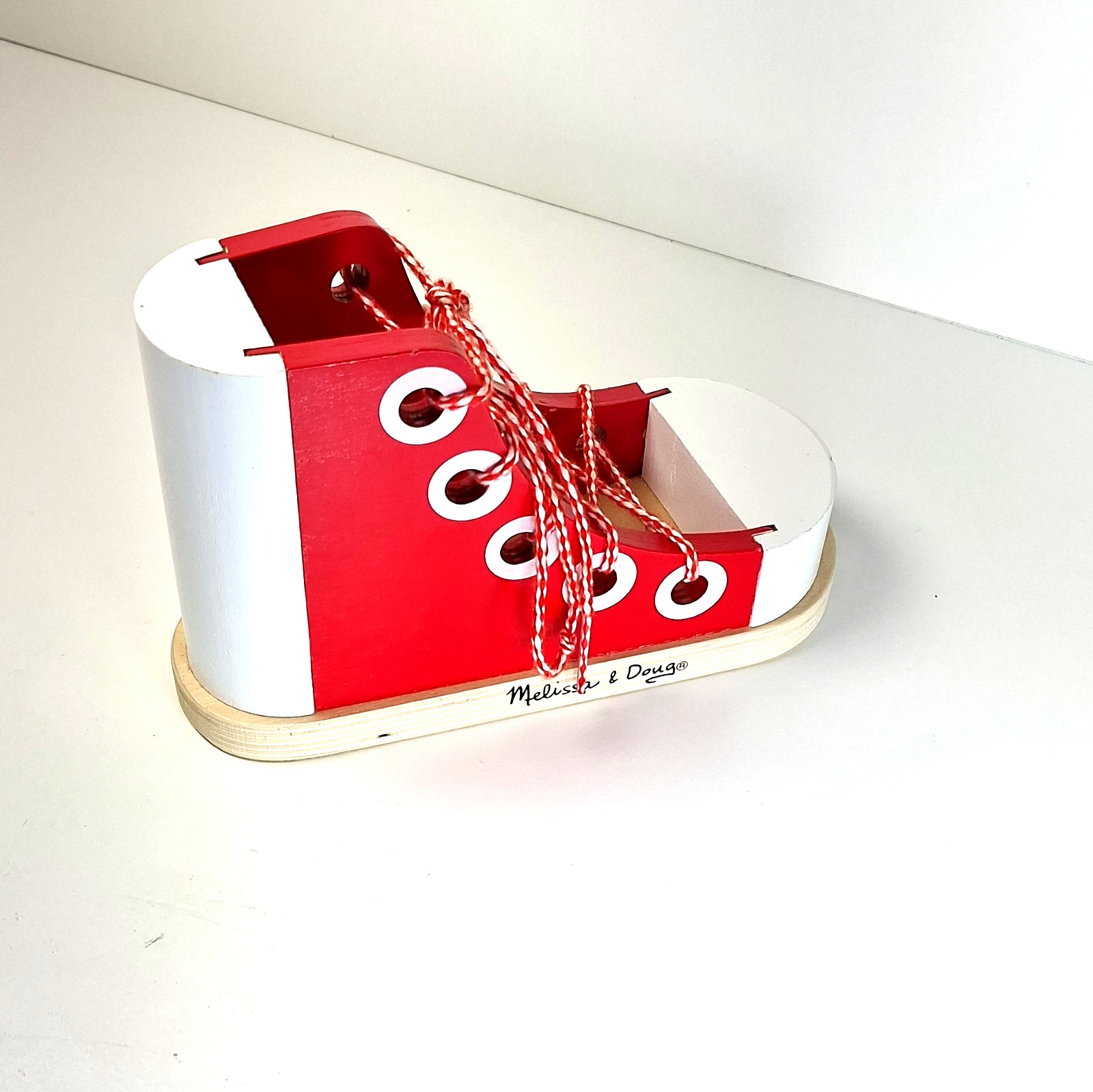 Melissa & Doug Wooden Lace-Up Lacing Shoe Tying Practice Toy Red/White 3+
