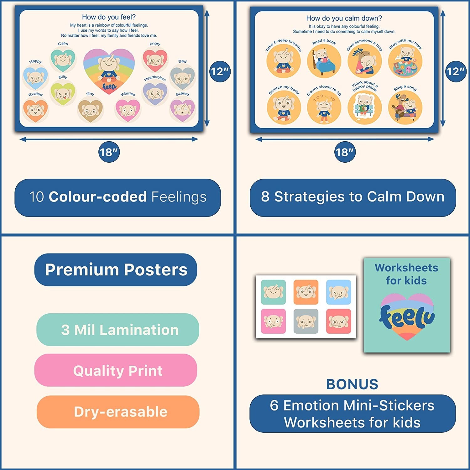 Feelings Chart For Kids – Calming Poster – 2 12”x18” + 6 Emotion Stickers