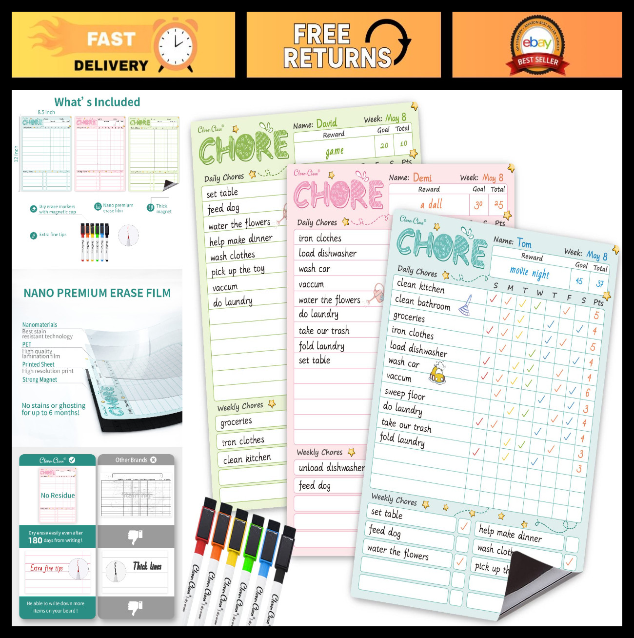 Magnetic Dry Erase Chore Chart for Kids & Teens – 8.5″x12″ Behavior Board + 6 Ma