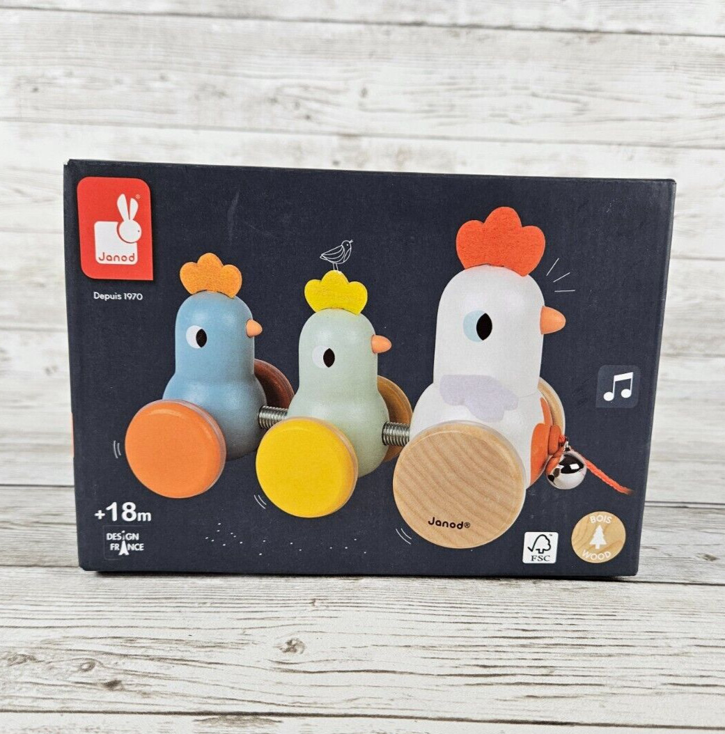 Janod Toddler Toy Wooden Pull Along Hen and Chicks Classic J08259 NIB