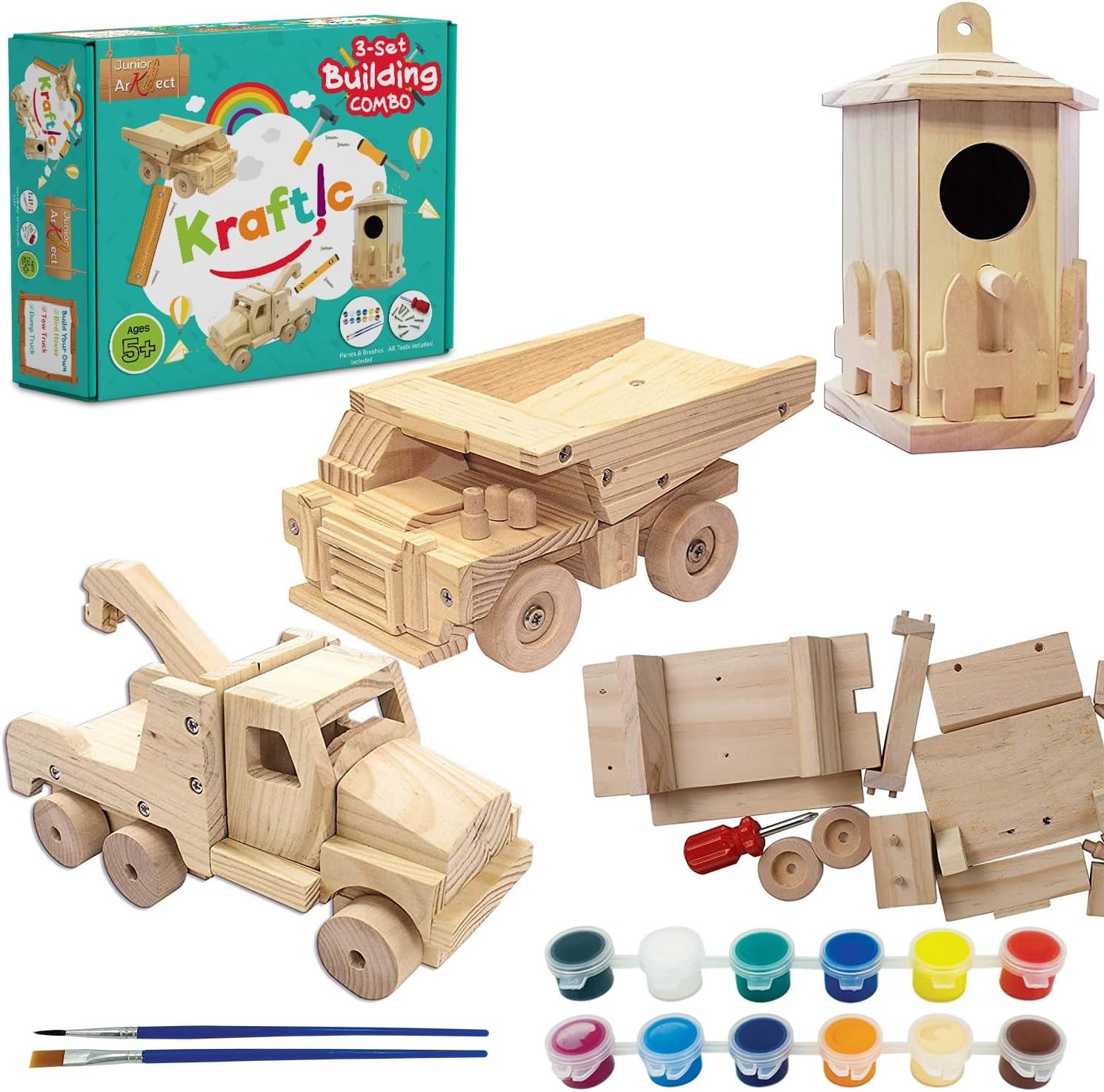 Woodworking Building Kit for Kids and Adults, with 3 Educational DIY Carpentry C