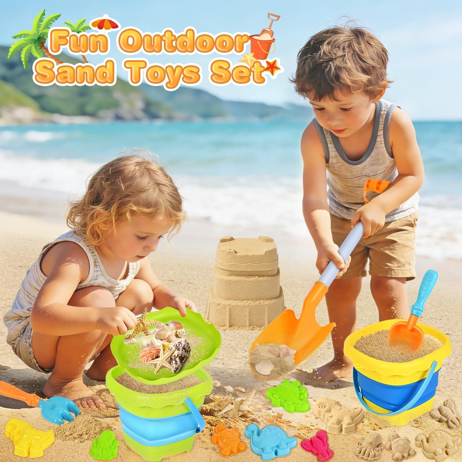 SpringFlower Beach Sand Toys for Kids, with 2 Small, Multicolored