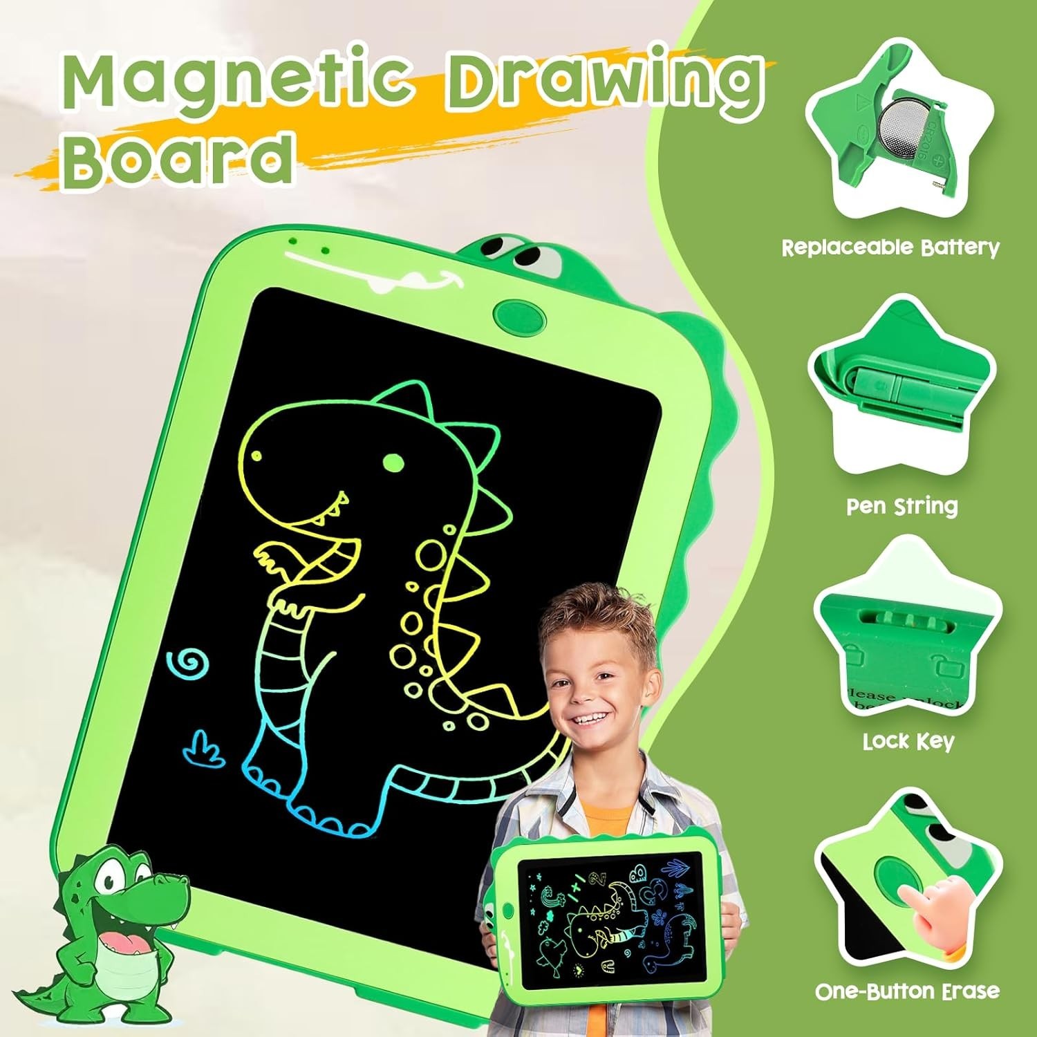 Teriph LCD 8.5″ Writing Tablet for Kids, Green Dinosaur Design, NEW