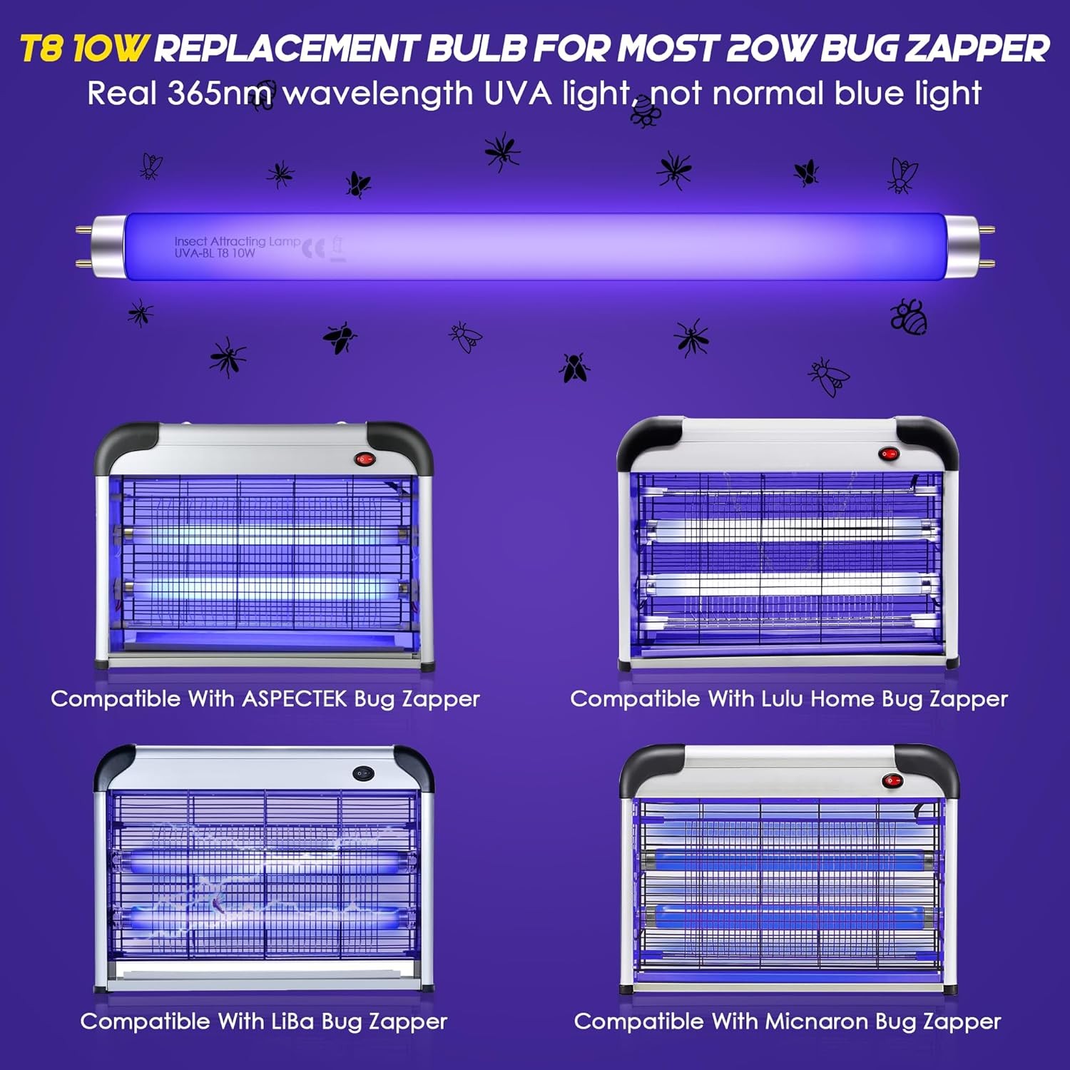 10 Pack Bug Zapper Replacement Light Bulbs 10W for 20W Indoor Bug Zapper, BL T8