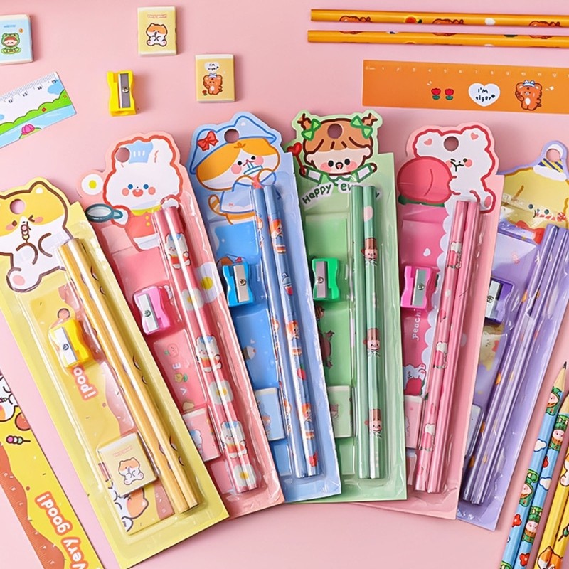 5 Pack Cartoon Wooden Pencils Kids Art Tools Eraser Sharpener Essential Set