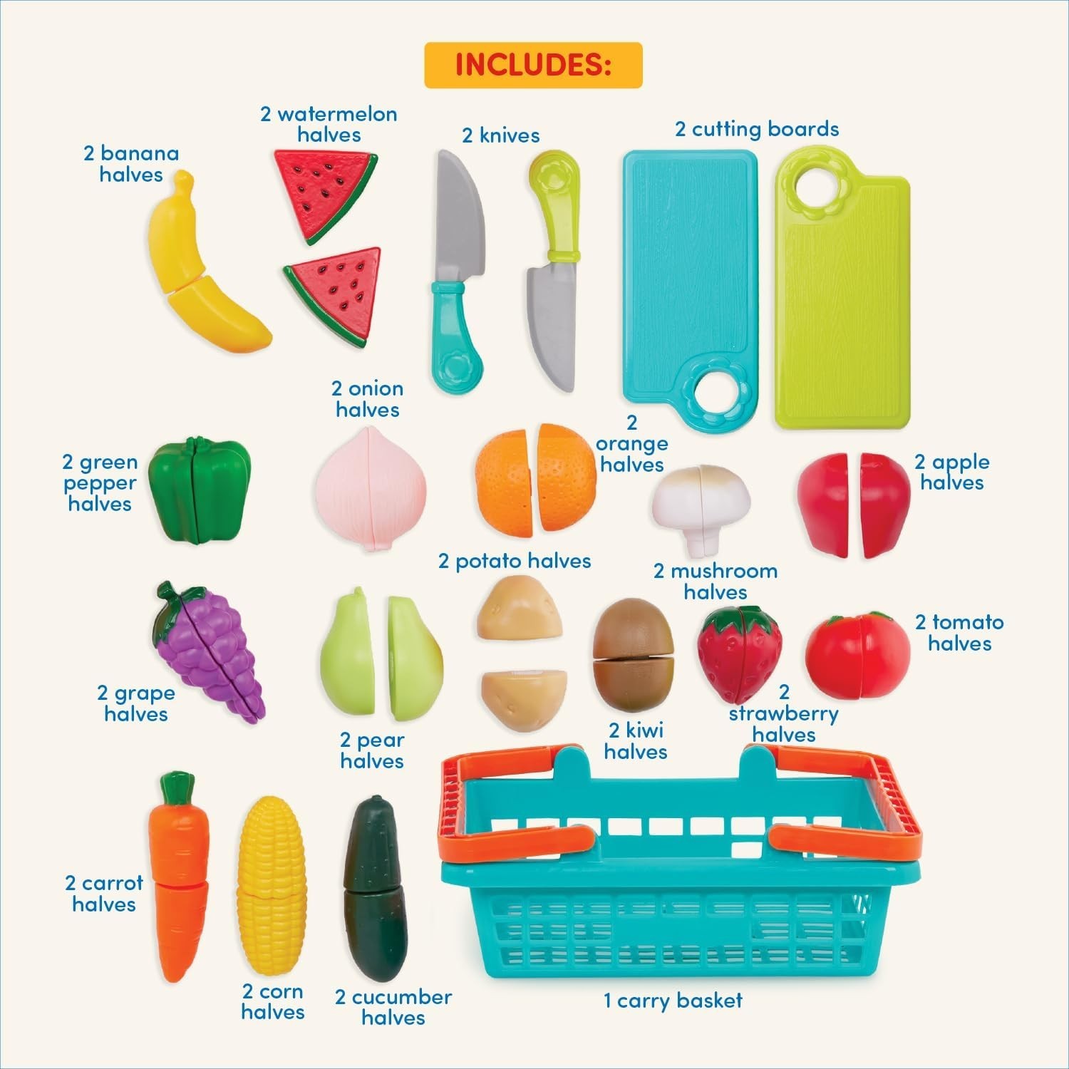 Multicolor Farmers Market Toy Food Basket for Creative Pretend Play – 37 Pieces