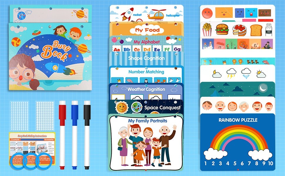 Busy Book for Kids, Preschool Workbook Activity Binder, 17 Themes with 3 Markers