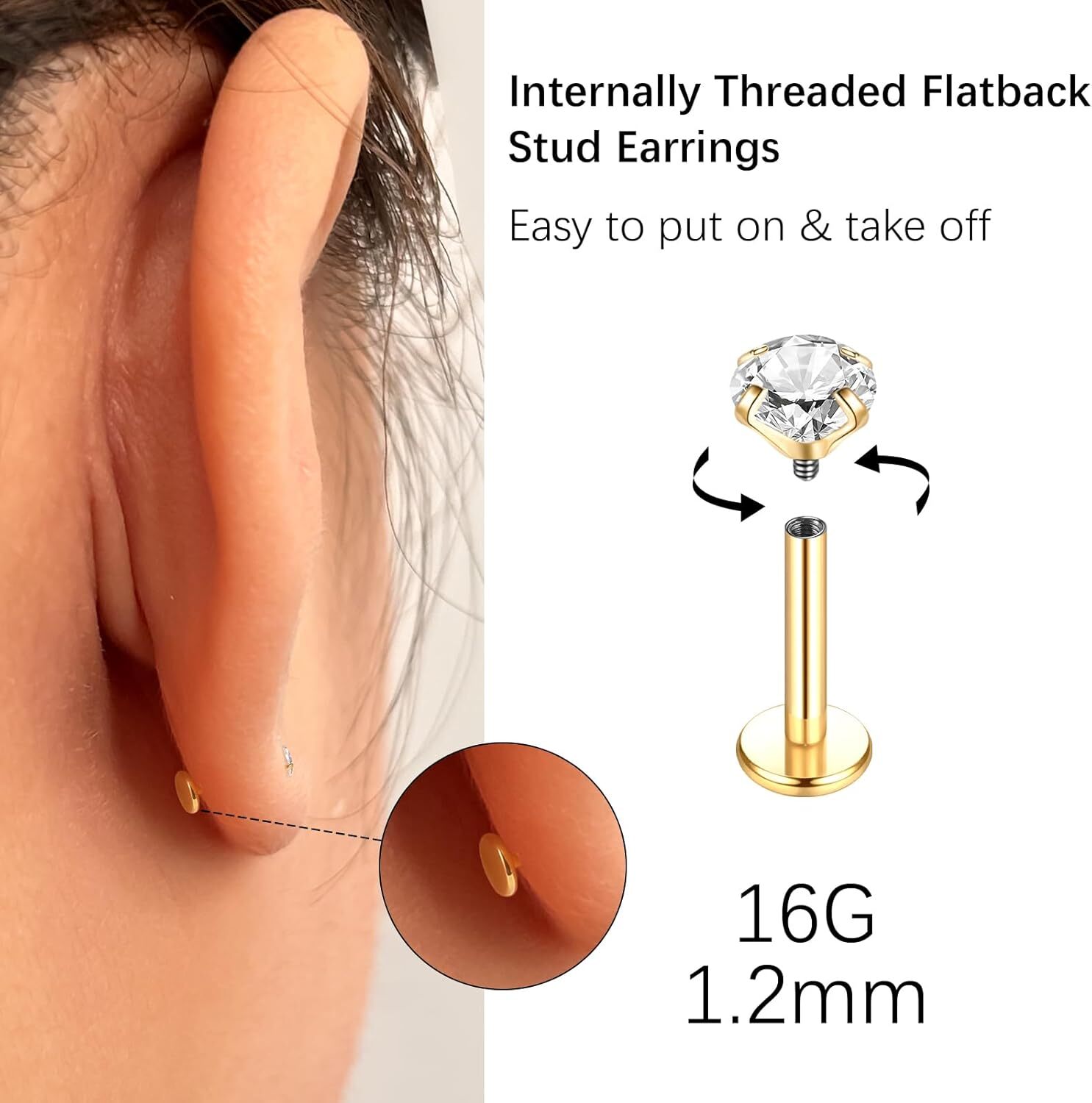 Oveta Titanium Flat Back Studs Earrings for Tragus Cartilage Piercing Jewelry