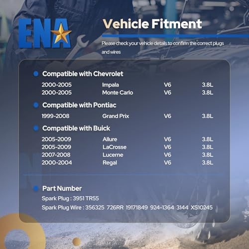 ENA Set of 6 Spark Plug with Wire Set 3.8L Compatible with Buick Chevy Pontiac