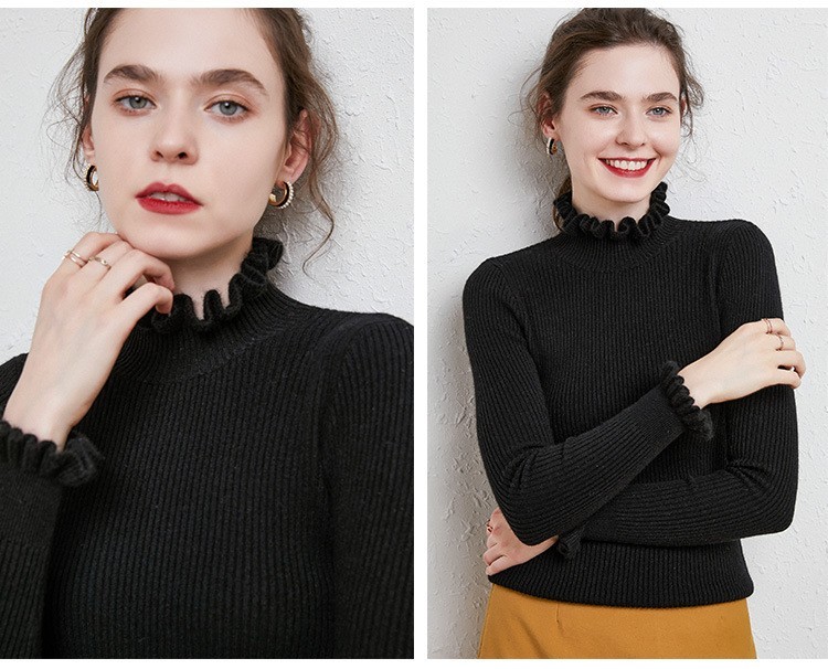 new styles of black fungus lace semi high neck sweater women’s pullover
