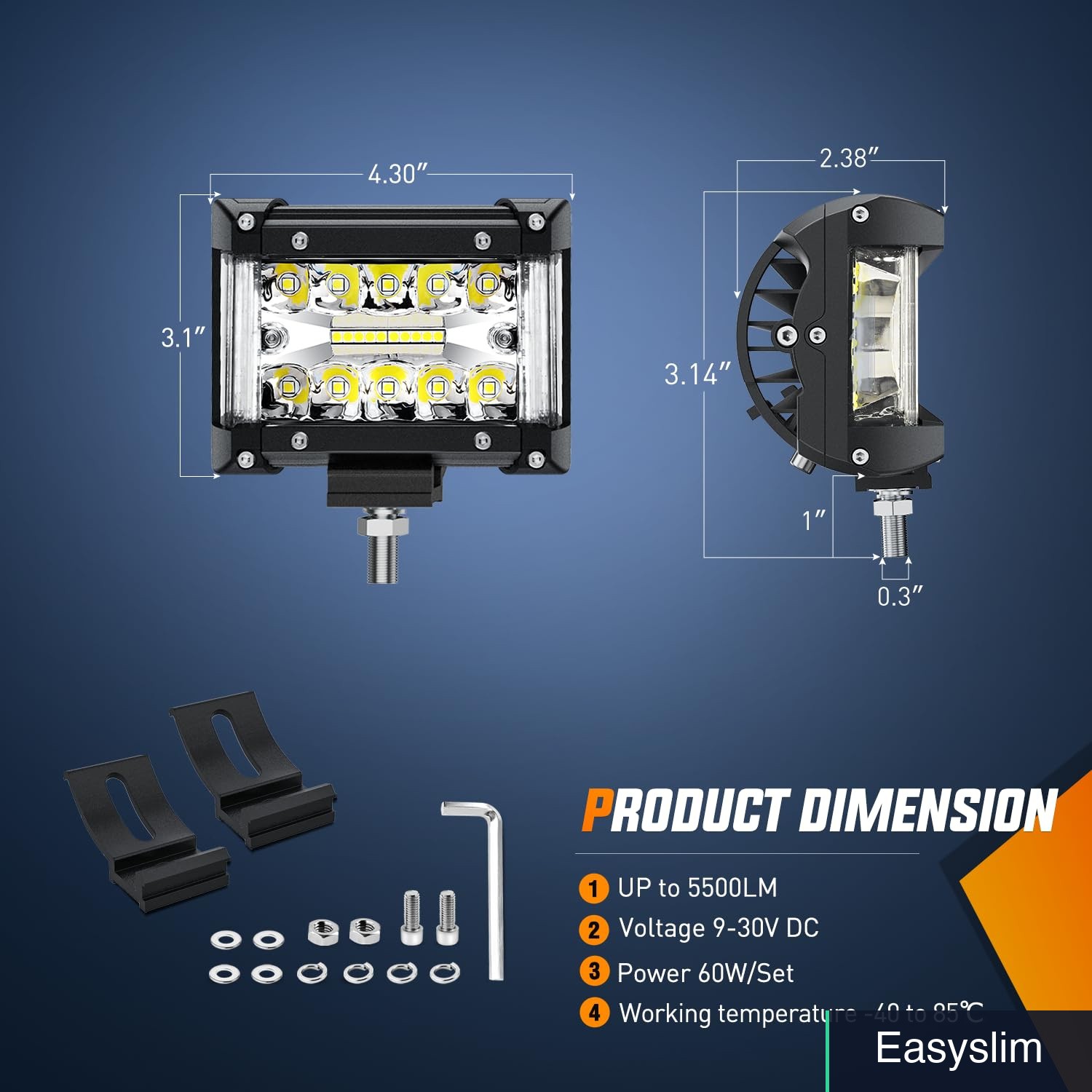 LED Light Bar 4.3 Inch Side Shooter Triple Row Spot Flood 60W IP67