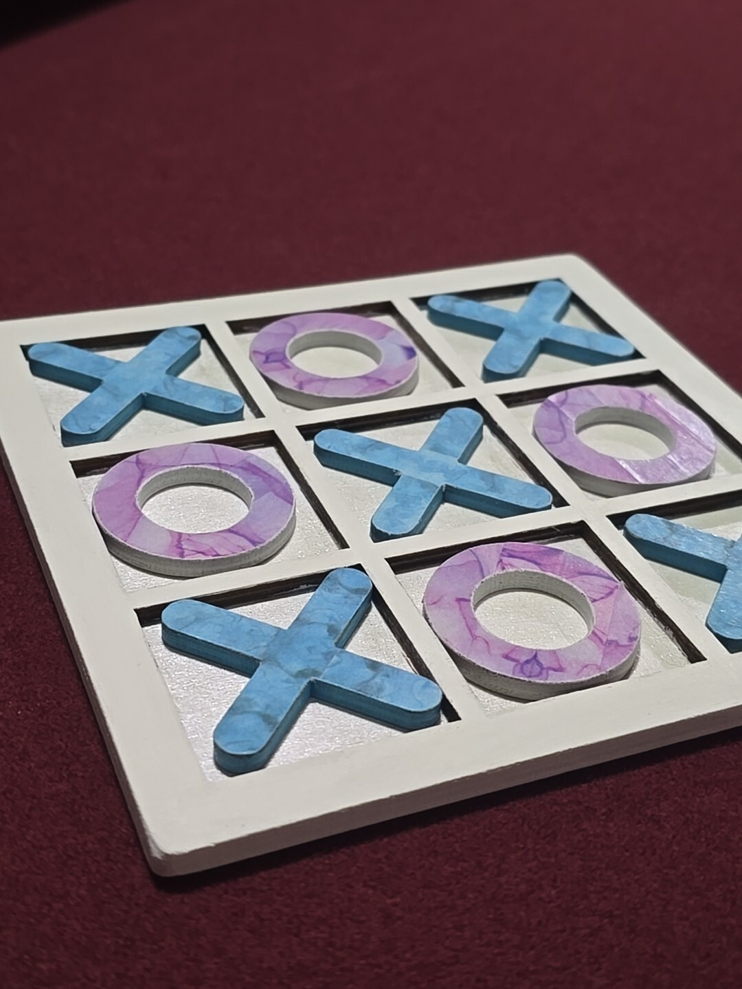 Tic Tac Toe XO Wooden Board Game for Table Decor Handmade Blue Purple White
