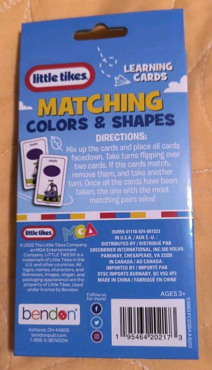 Little Tikes Matching Shapes and Colors Learning Cards (36 Ct) New Free Shipping