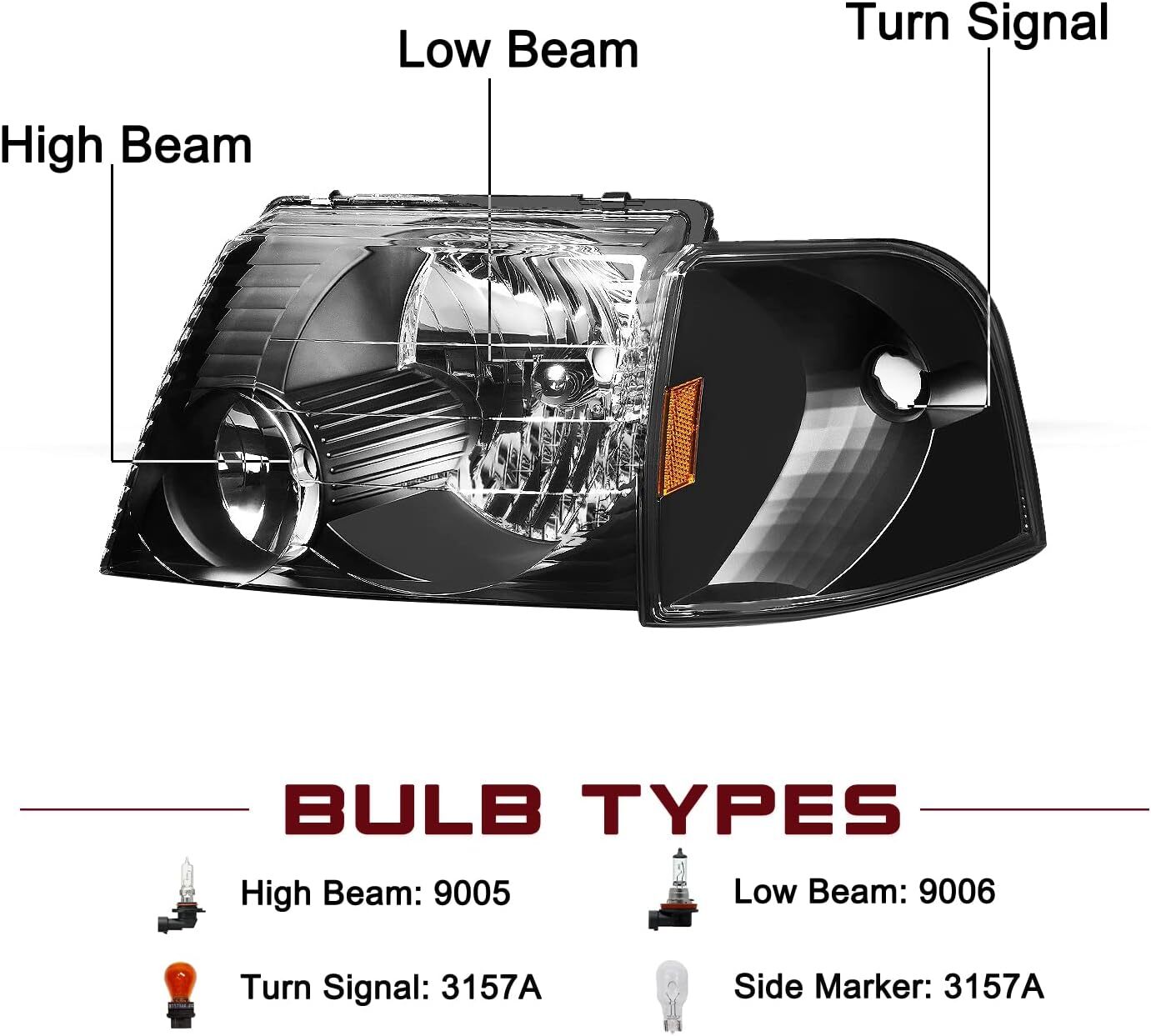 02-05 Ford Explorer Headlight Assembly Black Housing Amber Reflector Pair