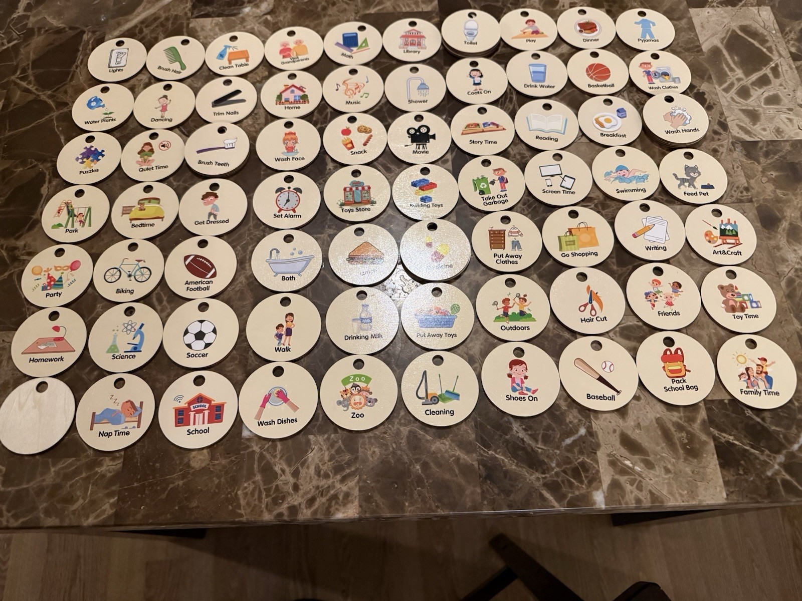 70 Daily Activities Wooden Tokens