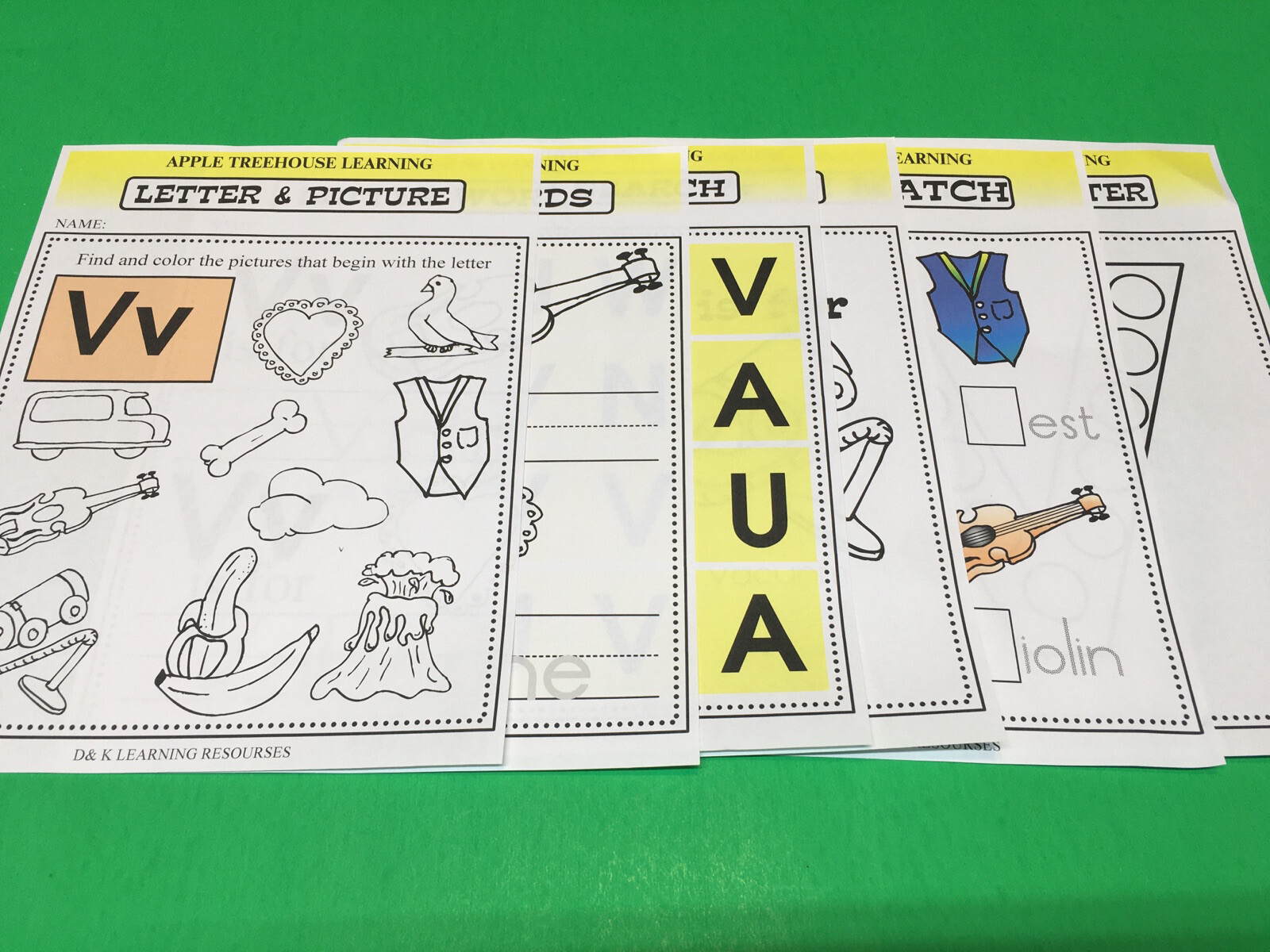 Letter Vv – Apple Treehouse Worksheets – Preschool Teaching supplies 20pgs