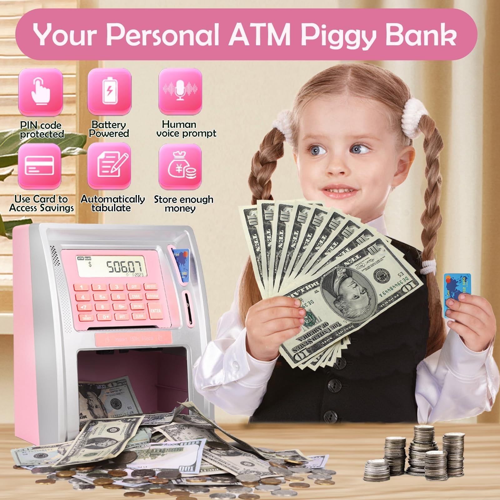 BKstar Kids Talking ATM Piggy Bank for Real Money with Dual Debit Cards, Powe…
