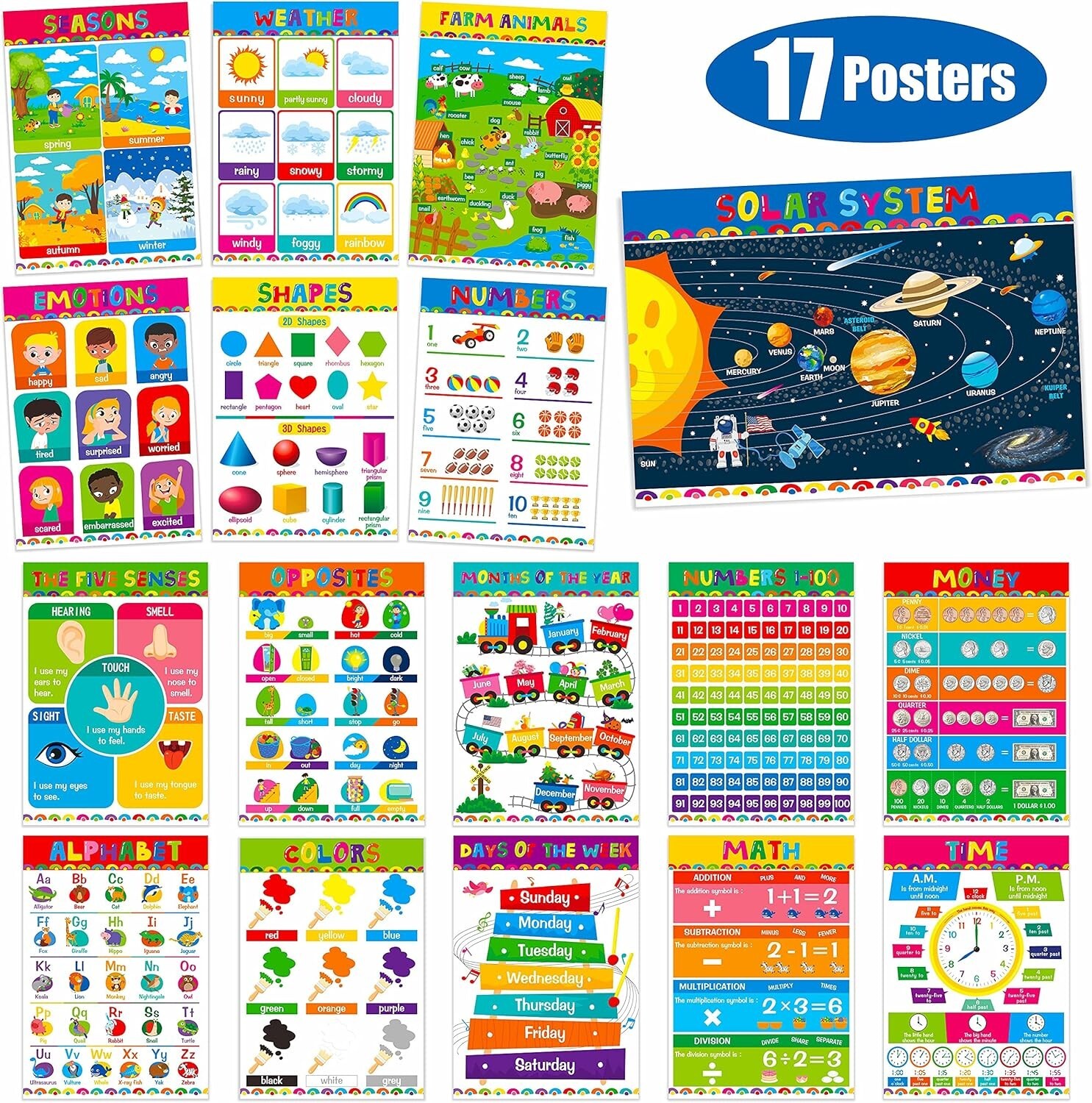Educational Preschool Posters for Kids Toddlers, Laminated Early Learning Charts