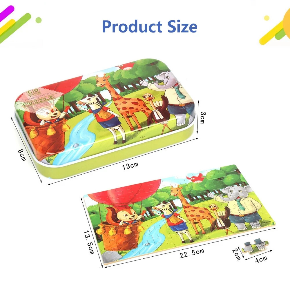 60Pcs Kids Wooden Puzzle Free Iron Box Early Learning Jigsaw Puzzle Toys
