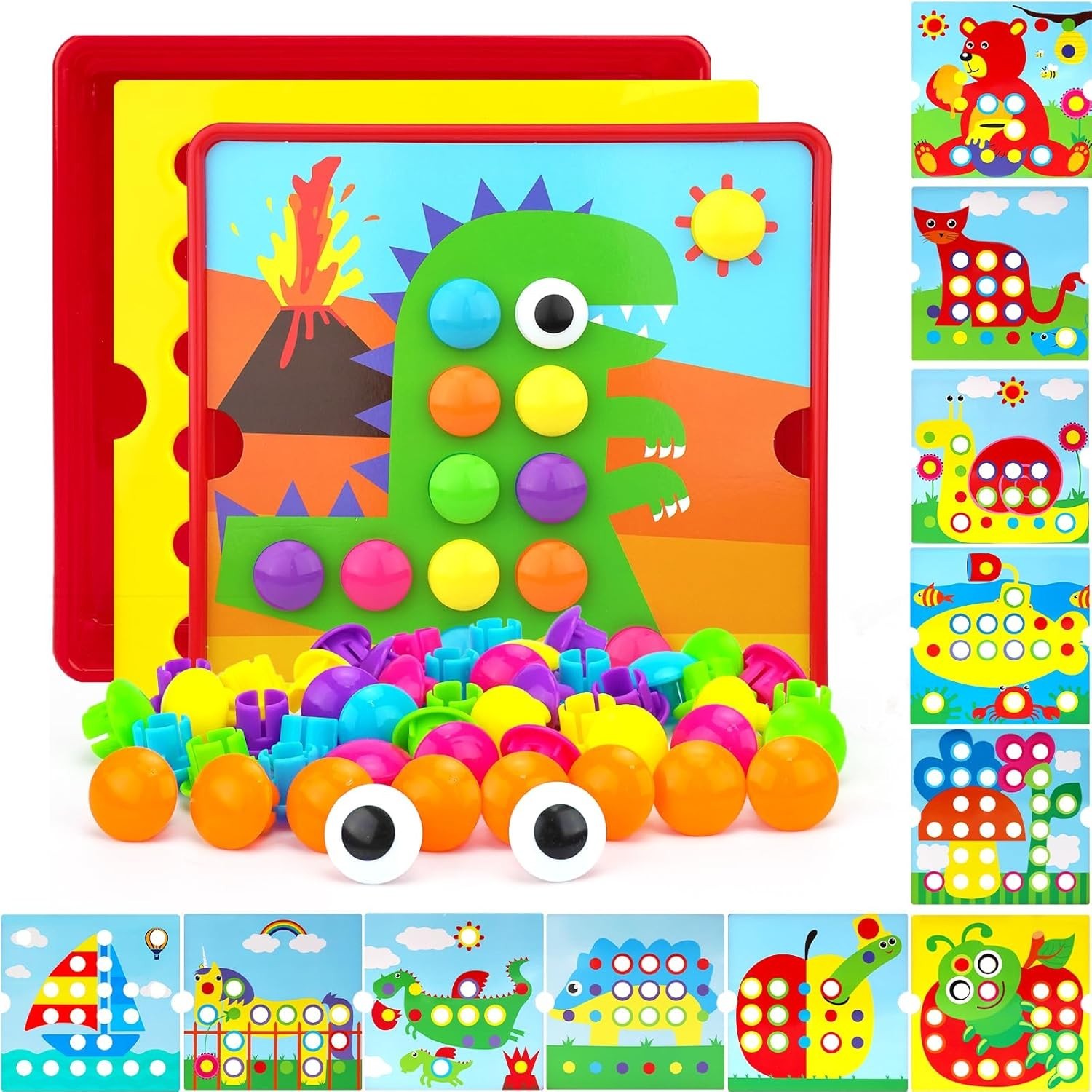 Button Art Toy, Color-Coordinated Mosaic Handmade Creative Gift (Dinosaur Theme)