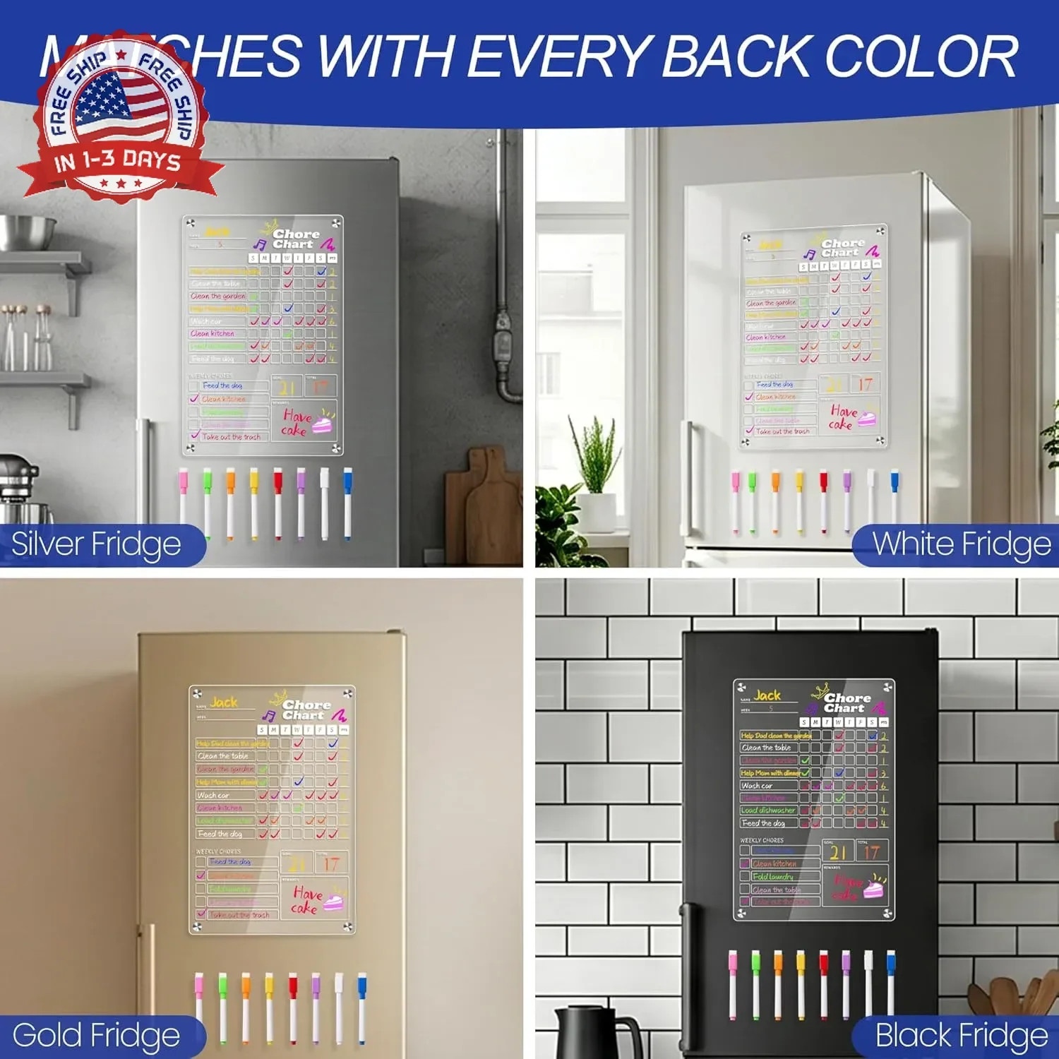 2 pcs Acrylic Magnetic Chore Chart for Kids on Fridge, Chore Board, Dry Erase Ch