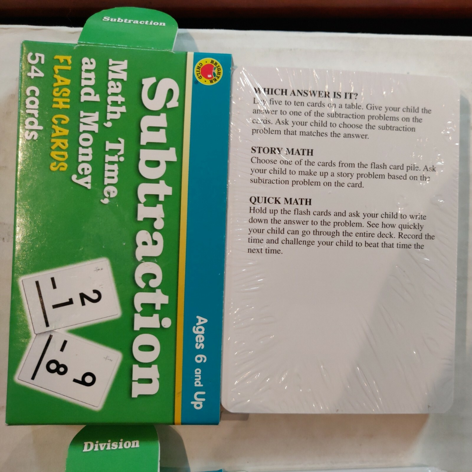 3 Brighter Child ‘Math, Time & Money’ Flash Card Sets Subtraction/Division/Time