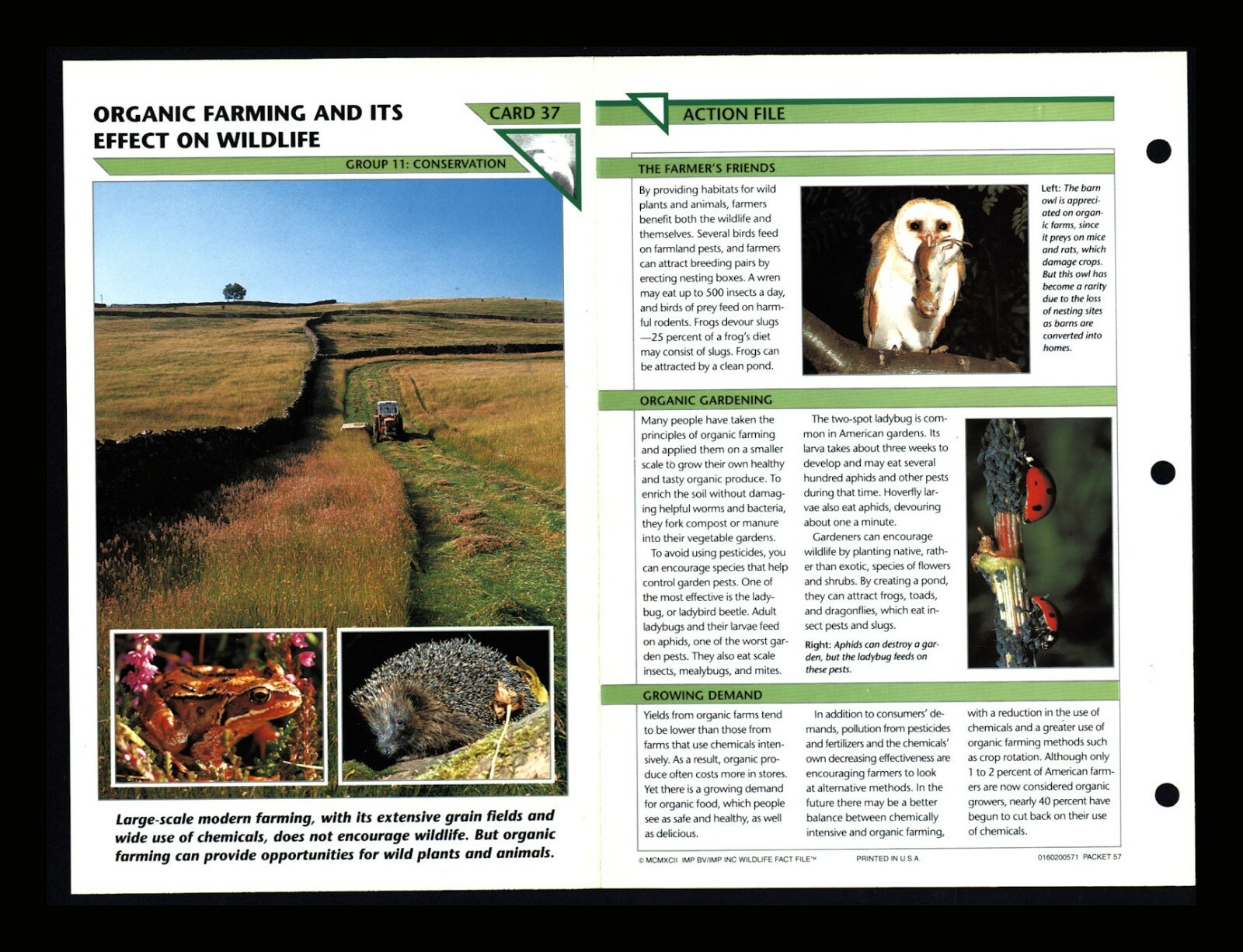 Organic Farming Effect on Wildlife Fact File Card Conservation Home School 11.37