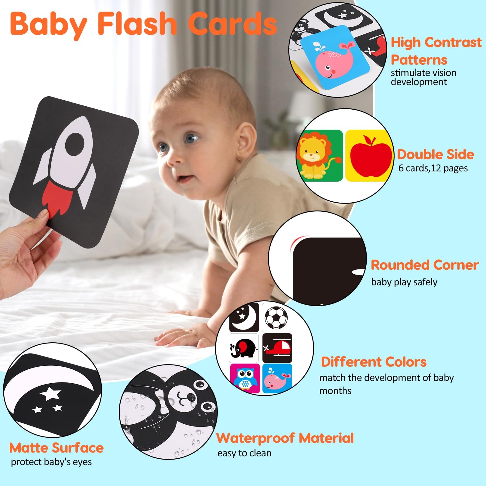 Black and White High Contrast Baby Books Flash Cards Tummy Time Mirror Toys N…