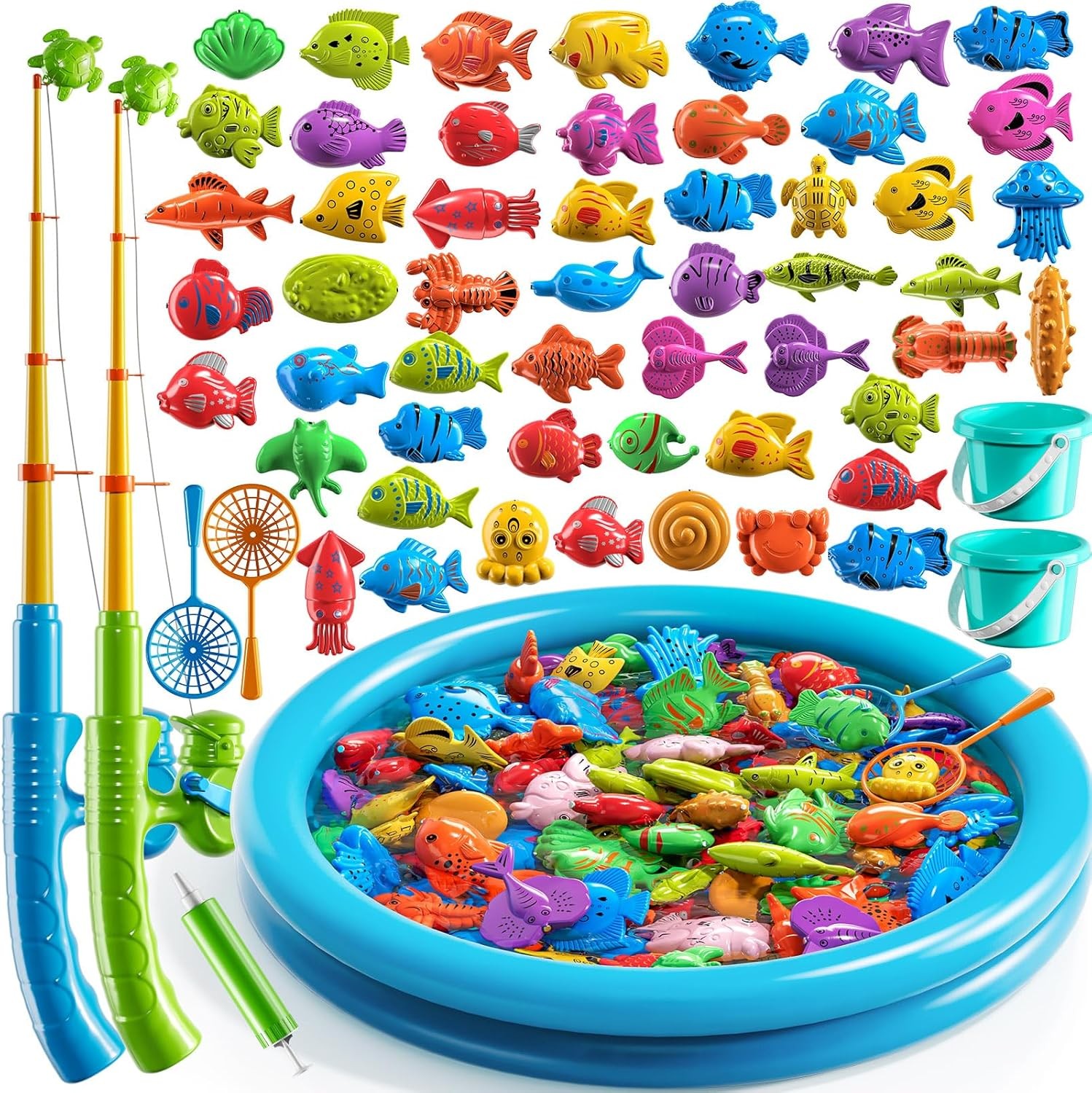 JUKUDAHU Magnet Fishing Toys Game Floating Fish Inflatable Pool Pole Rod