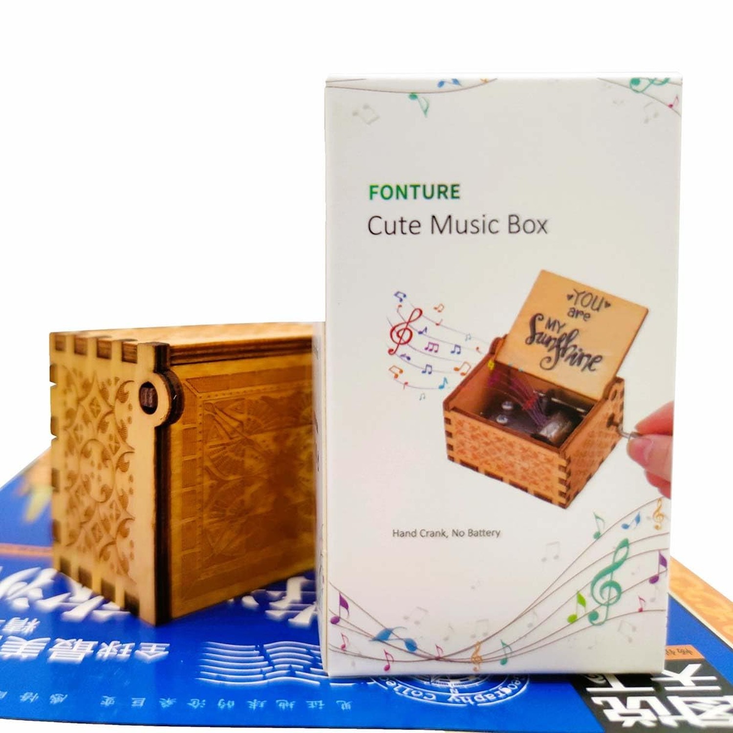 Wood Music Box, Wooden Hand Crank Musical Instrument with Melody Happy Birthd…